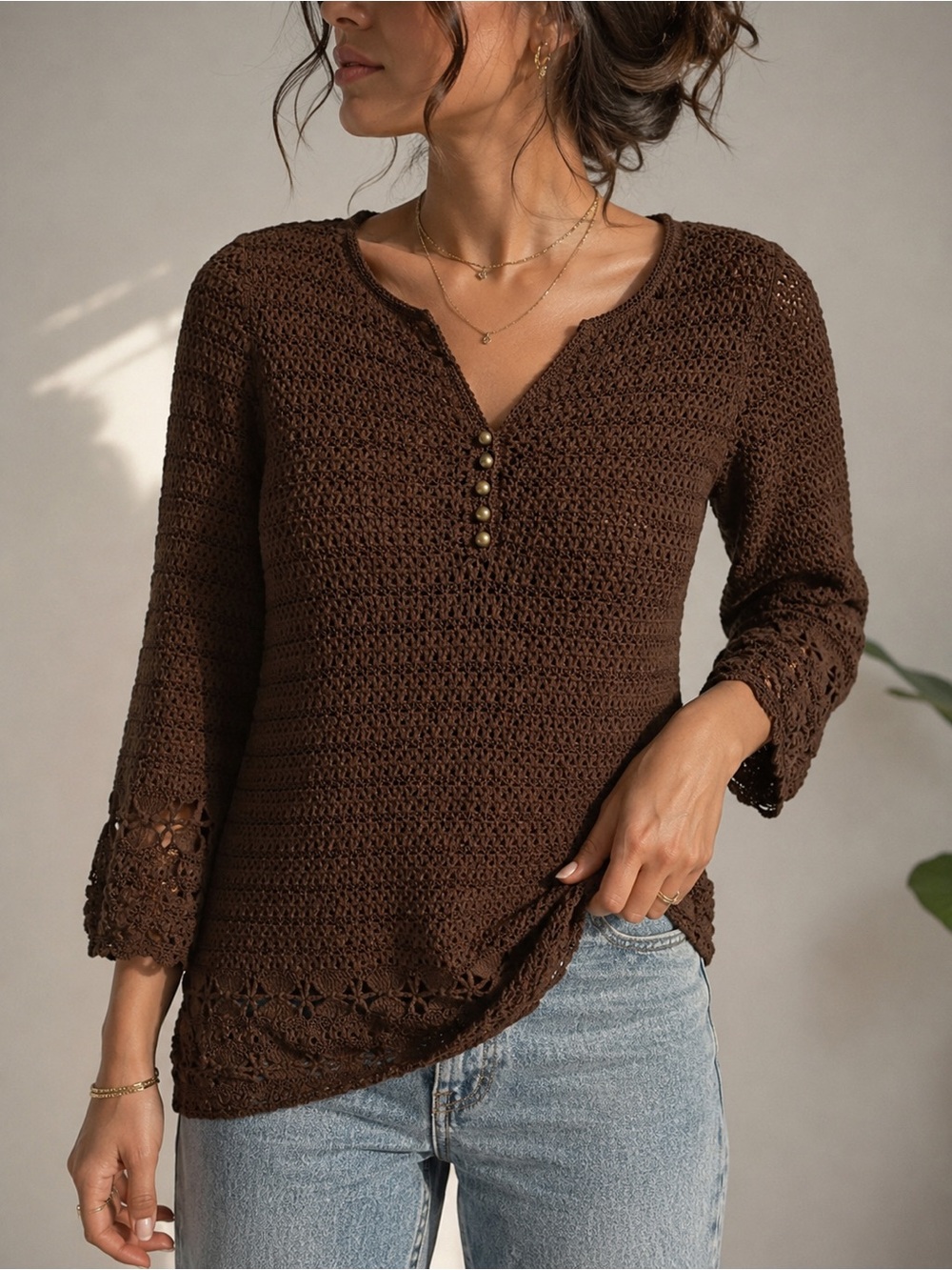 Brown Crochet Boho Top Petite Medium  Liz Claiborne Cottagecore Bell Sleeve Knit